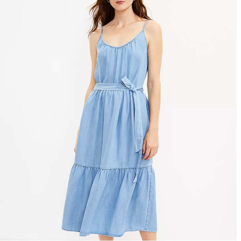 Loft chambray strappy tiered midi dress